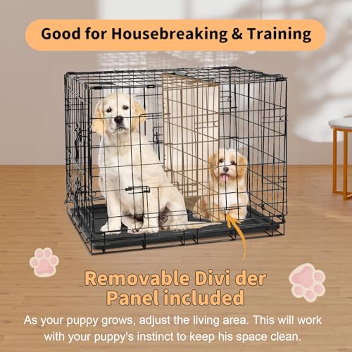 Simple Deluxe X-Large Dog Crates with Divider Panel, 42 inch Folding Mental Wire Double Door Dog Cage with Removable Leak-Proof Pan Tray, Durable Pet Kennels Outdoor, Indoor, Travel (Black, 42in) - size: 42.1"L x 26.8"W x 28.7"H