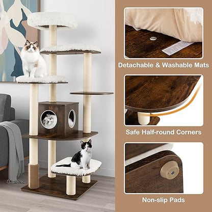 PETSITE Tall Cat Tree for Indoor Cats, 71 Inches Multi-Level Modern Cat Tower with Plush Perch, Cozy Condo, Platforms, Sisal Scratching Posts, EVA Massage Comb & Removable Cushions (Brown) - color: Brown
