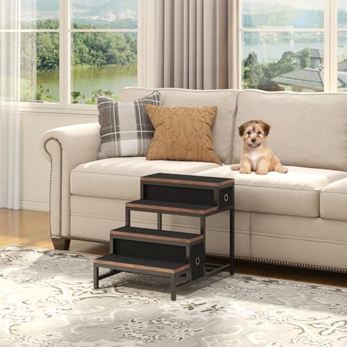 Saudism Pet Bunk Bed with Removable Stairs and 2 Drawers, Dogs/Cats Window Perch, Dog Window Seat with Soft Cushion, Ultra-Shallow Steps, Sturdy Metal Frame, Non-Slip, Load Capacity 60 LBS, Brown - color: Brown+Black