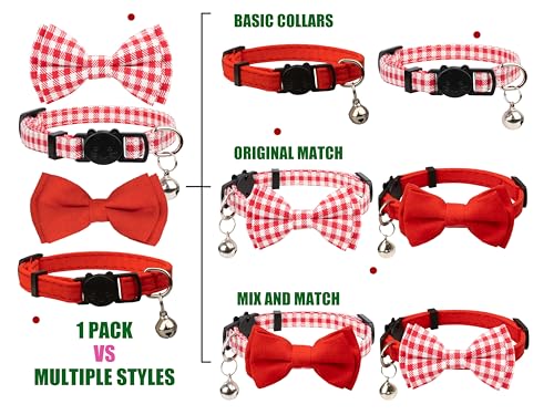 Cat Collar with Bow Tie 2pcs Set Bell Boy Girl Kitten Safety Plaid Grid Checkered Solid Color Suede Velvet Cute Soft Gift [2pcs] Red - color: Style A-[2pcs] Red