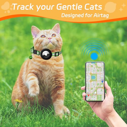 Seyezo Breakaway Airtag Cat Collar, Reflective Cat Collar with Air Tag Holder, Kitten Collar with Bell for Boys Girls Cats, GPS Tracker for Cats 0.4’’ Width Adjustable Safe Kitty Collar, Light Green
