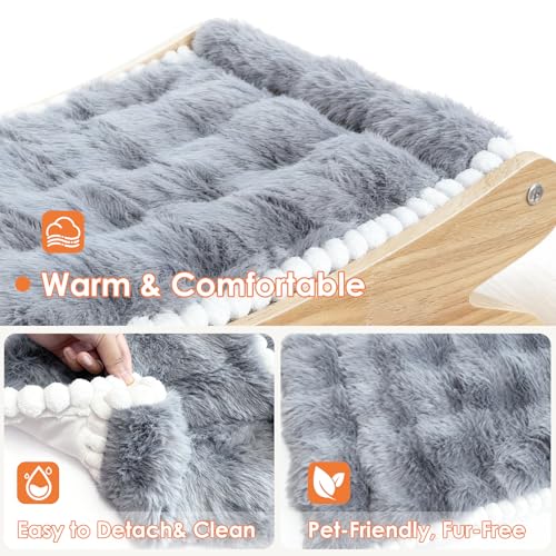 Plush Elevated Cat Bed - Cozy Raised Cat Hammock with Solid Wood Frame, Soft Furry Cushion for Indoor Cats & Small Dogs, Multi-Color Options(Grey)
