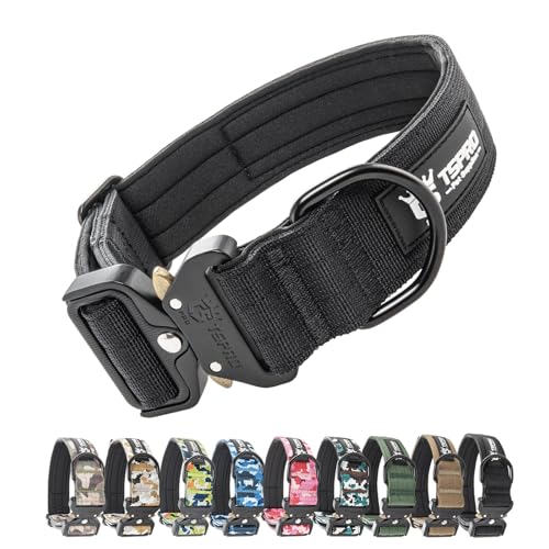 TSPRO Premium Dog Collars Tactical Dog Collar with Patch and Heavy Duty Quick-Release Metal Buckle Durable Thick and Adjustable for Medium to Large Dogs (Black L) - color: Basic Black, size: Patch-Equipped L (18.5"-25" Adjustable)
