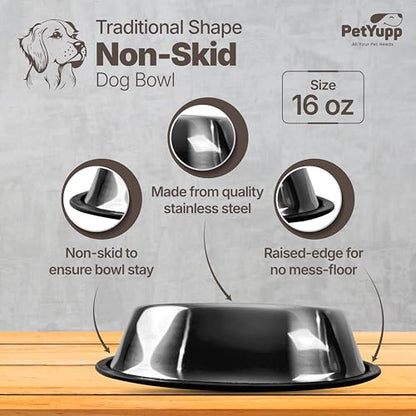 Stainless Steel Dog Bowl - Non-Skid Rubber Base, Rust-Proof & Dishwasher Safe – Durable Food and Water Bowl for Dogs and Cats - 16oz - size: Non Skid Bowl - 16 oz