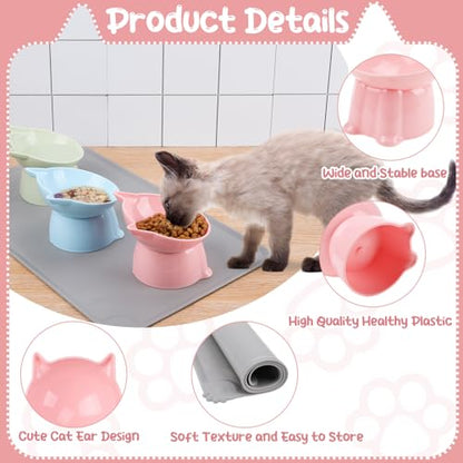 3 Pcs Elevated Cat Bowls 15°Raised Cat Food Bowl with Silicone Mat Whisker Friendly Anti Vomiting Cats Dishes Pet Food and Water Bowls for Indoor Cats Kittens - color: Fashion