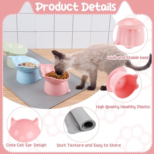 3 Pcs Elevated Cat Bowls 15°Raised Cat Food Bowl with Silicone Mat Whisker Friendly Anti Vomiting Cats Dishes Pet Food and Water Bowls for Indoor Cats Kittens - color: Fashion