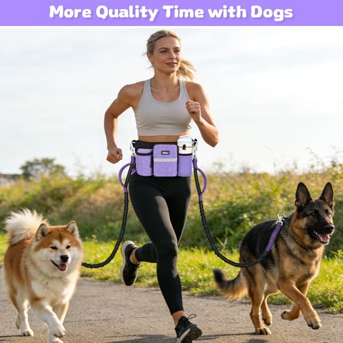 Heavy Duty Hands Free Dog Leash with Zipper Pouch for Two Dogs, Waist Belt for Large Medium Dogs for Running, Walking, Jogging and Hiking, Dual Padded Handles and Durable Bungee (2 Dog Purple) - color: 2 Dog Purple