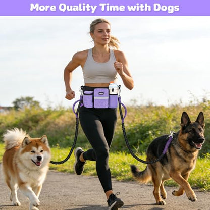 Heavy Duty Hands Free Dog Leash with Zipper Pouch for Two Dogs, Waist Belt for Large Medium Dogs for Running, Walking, Jogging and Hiking, Dual Padded Handles and Durable Bungee (2 Dog Purple) - color: 2 Dog Purple
