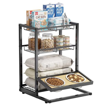 Cat Feeding Station with Elevated Cat Bowl Stand, 3-Tier Cat Food Organizer & Storage, Pet Feeding Station with Cat Table, Cat Food Stand for Large Medium Cats, 3 Height Adjustable, Black