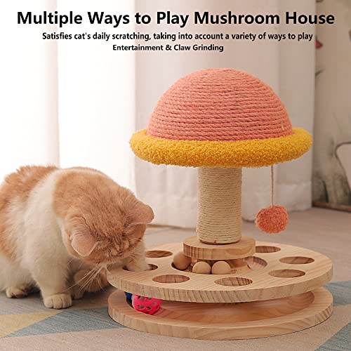 Cat Scratching Post with Hanging Ball,Cat Turntable Ball Toy,Cat Mushroom Sisal Scratcher,Kitten 2 Layer Wooden Track Spinning Balls,Fun Turntable Toy for Indoor Cats Physical Exercise