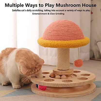 Cat Scratching Post with Hanging Ball,Cat Turntable Ball Toy,Cat Mushroom Sisal Scratcher,Kitten 2 Layer Wooden Track Spinning Balls,Fun Turntable Toy for Indoor Cats Physical Exercise
