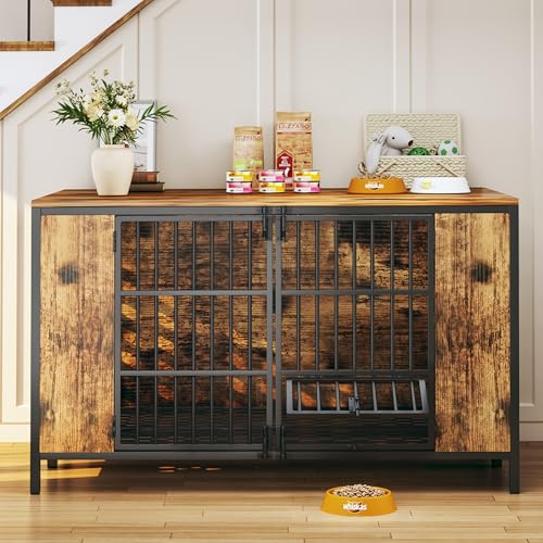 Dog Kennel Large Dogs Furniture with Hook, Heavy Duty Dog Crate Indoor for Extra Large Dogs, Escape-Proof and Chew-Proof Dog Cage for high Anxiety Dog, Rustic Brown Cage as TV Stand - size: 47.3"L x 31.5"W x 32.3"H