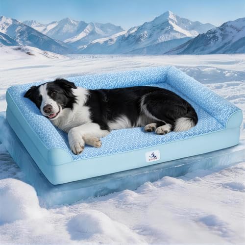 Cooling Dog Bed with PCM, Instant Chill Pet Sofa for Small Dogs, Orthopedic Egg Crate Foam with Bolster Sides, Washable & Waterproof Dog Couch, Non-Slip Bottom, Blue 36"x27"x6.5" - color: Glacier Blue, size: 36x27x6.5inch