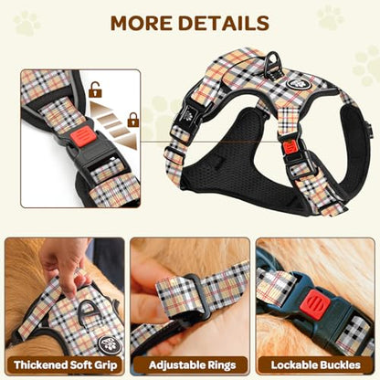 Plaid Dog Harness for Medium Dogs, Reflective No Pull Adjustable Pet Vest with Front Clip, Leash, Easy Control Handle and Seat Belt, Beige&White, M - color: Beige & White, size: Medium