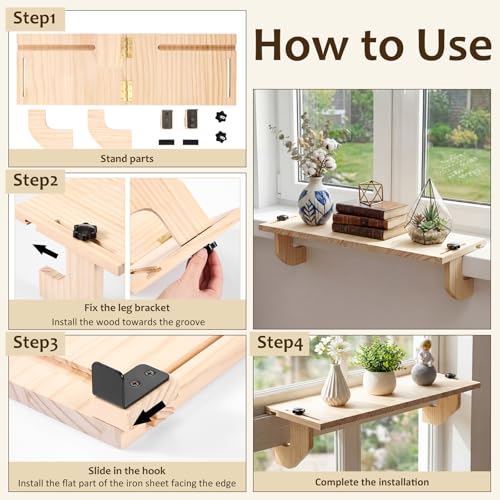 1 Pcs Natural Window Sill Plant Shelf for Plants 21.7 x 7.1 x 5.9 Inch Windowsill Extender Window Plant Floating Shelves No Drilling Wooden Bracket for Cat Perch Planters (Right Angle) - size: Right Angle