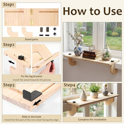 1 Pcs Natural Window Sill Plant Shelf for Plants 21.7 x 7.1 x 5.9 Inch Windowsill Extender Window Plant Floating Shelves No Drilling Wooden Bracket for Cat Perch Planters (Right Angle) - size: Right Angle