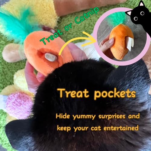 CECE PAW 4 Pack Cat Carrot Feather Toy, Catnip Refillable Toys, Cat Kicker Toy with Treat Pockets and 6 Catnip Pouches - color: Carrot Toy + Catnip, size: Cat