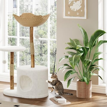 Modern Cat Tree, Solid Wood Cat Tree Tower with Hand-Woven Basket Cat Condo, Natural Jute Scratching Posts Modern Cat Tower with Plush Perches & Dangling Balls, Cat Trees for Kittens & Adult Cats - size: One Branch