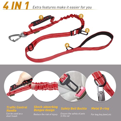 AUBELL Tactical Dog Leash Heavy Duty,4-6ft Reflective Strong No Pull Bungee Leash for Medium Large Dogs with Comfortable Padded Double Handle,Car Seat Belt,360 Degree Rotating Carabiner,Red - color: M/L-Red(4-6FT)