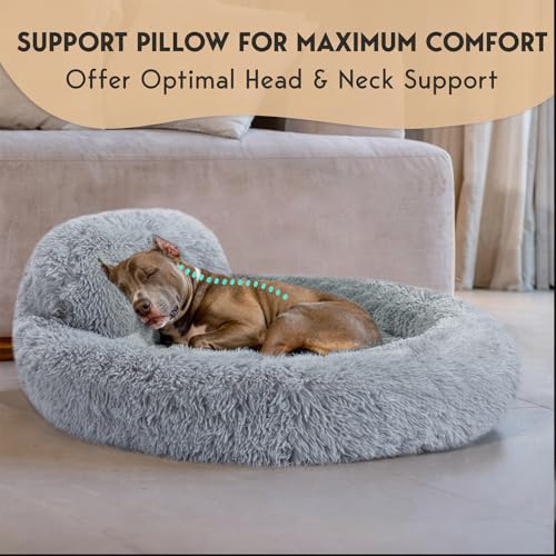PetJett Dog Beds Large Sized Dog - 36'' Calming Round Bed, Washable Dog Bed - Anti-Slip Super Soft Donut Bed, Fluffy Faux Fur Anti-Anxiety Premium Comfort Pet Bed, Fits Dogs up to 80 lbs - Bright Grey - color: Bright Grey, size: Large - 36”L x 36”W x 8”Th