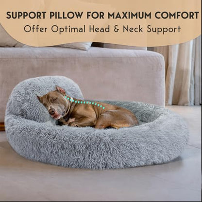 PetJett Dog Beds Large Sized Dog - 36'' Calming Round Bed, Washable Dog Bed - Anti-Slip Super Soft Donut Bed, Fluffy Faux Fur Anti-Anxiety Premium Comfort Pet Bed, Fits Dogs up to 80 lbs - Bright Grey - color: Bright Grey, size: Large - 36”L x 36”W x 8”Th