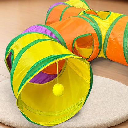 3-Way Cat Tunnels for Indoor Cats with Peek Hole, Large Foldable Rainbow Pet Tube Toy with Hanging Ball, Fun Interactive Toys for Kittens, Rabbits, Small Dogs - size: T Shape