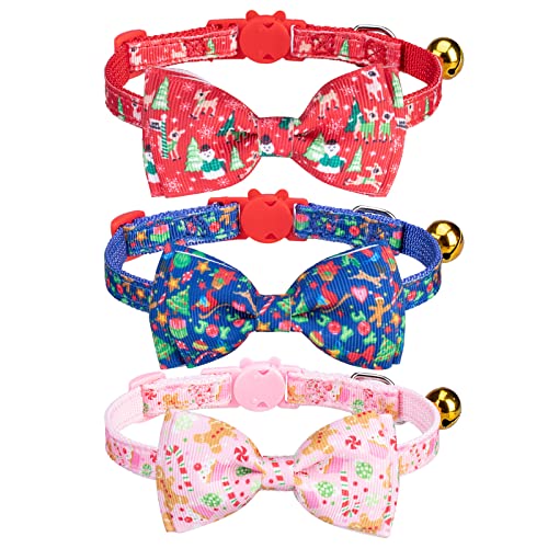 Christmas Breakaway Cat Collar with Removable Bow Tie and Bell, Cute Xmas Patterns, 3 Pack Safety Buckle Kitten Collars, Adjustable Pet Collar - color: Style B - Christmas