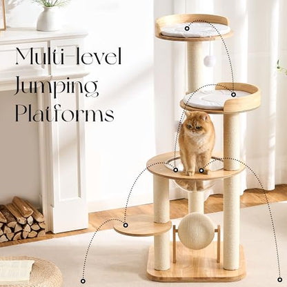 797Audio Modern Solid Wood Cat Tree Tower, 49" Tall Cat Tree with Sisal Scratching Posts for Adult Cats, Luxury Natural Oak Wooden Cat Tower,Aesthetic Multi-Level Cat Climbing Tree for Indoor Cat - color: 49 Inch-Scratch Ball