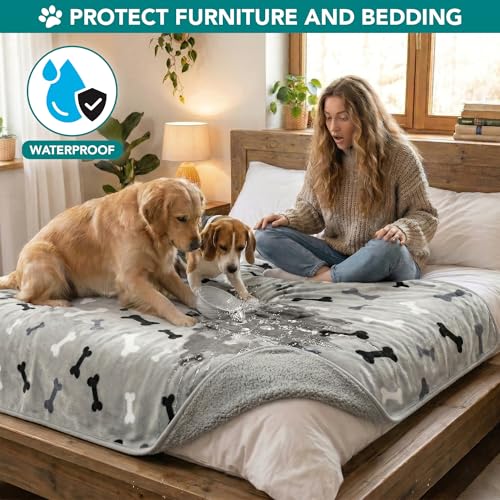 PETAMI Sherpa Fleece Waterproof CAT and Dog Blanket, Bone Gray, Large - color: Bone Gray, size: Large (40x60)