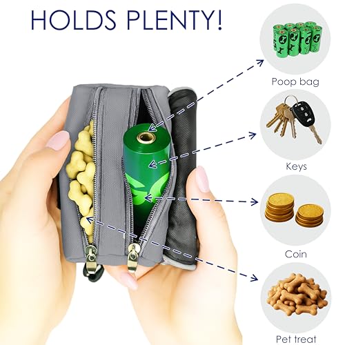 Dog Poop Bag Holder for Leash, 2 Waterproof Zipper Pouches, Dog Treat Pouch for Pet Walking Accessories, with Dispenser, Training Clicker and 1 Free Roll (Gray) - color: Gray