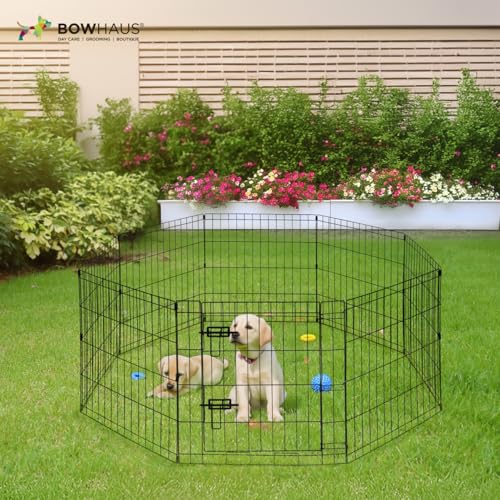 BOWHAUS Foldable Outdoor/Indoor Pet Playpen with Gate, Available in 30 Inch Height Metal Portable Kennel, Heavy-Duty Exercise Fence Cage 8 Panels for Medium Dog, Animals - style: 30 Inch