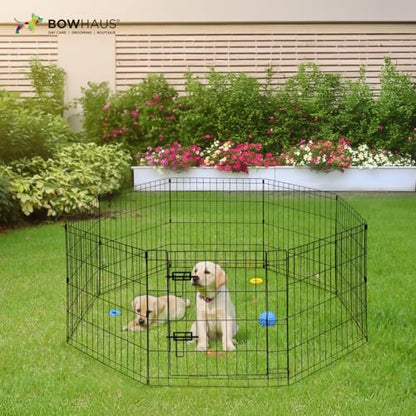 BOWHAUS Foldable Outdoor/Indoor Pet Playpen with Gate, Available in 30 Inch Height Metal Portable Kennel, Heavy-Duty Exercise Fence Cage 8 Panels for Medium Dog, Animals - style: 30 Inch