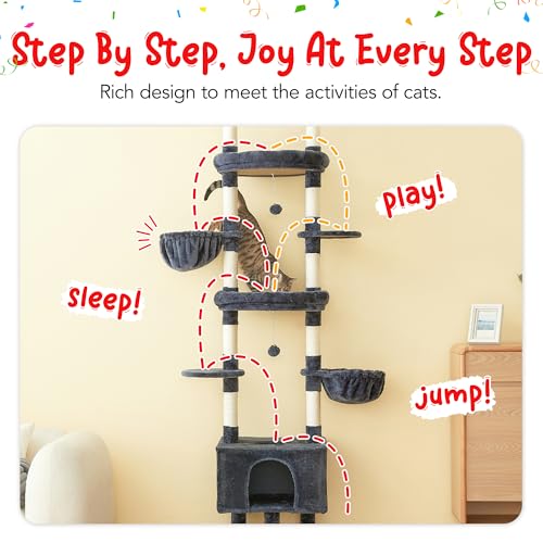 Cat Tree, Floor to Ceiling Cat Tower Adjustable Height [92.9-102.4in=235-258cm], 7 Tiers Cat Climbing Play House with Scratching Post, Cozy Condo&Hammocks for Indoor Cats, Smoky Grey - color: Smoky Grey