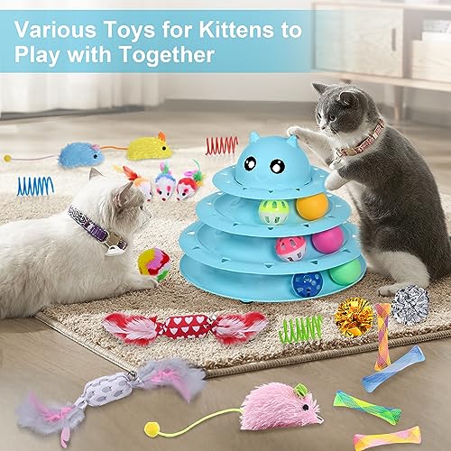UPSKY 24 PCS Cat Toys, 3-Level Turntable Kitten Toys Set, Interactive Cat Roller Toys for Indoor Cats, Catnip Toys, Cat Teaser Toys, Mice Toys, Spring Toys, Various Ball Toys for Kitty - color: D-24PCS-Blue