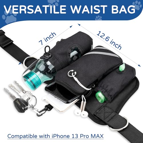 Skmeditec Hands Free Double Dog Leash with Waist Bag for Walking Two Dogs, Shock Absorbing Bungee Leash with Zipper Pouch for Running, Dual Padded Handles & Adjustable Waist Belt - size: 2 Dogs