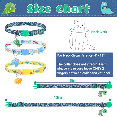 Breakaway Cat Collars with Bell & Cute Pendants, 3 Pack Safety Buckle Kitten Collars, Adjustable Pet Collar Ideal for Girl Boy Cats Puppy (Style A - Dinosaur) - color: Style A - Dinosaur