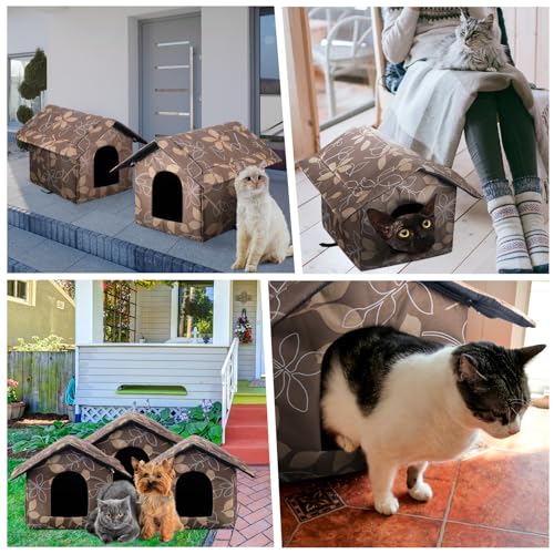 Soaoo 3 Pcs Cat Houses for Outdoor Stray Cats Shelter Weatherproof Outside House Indoor Foldable Pet Cave with Tent Stakes for Wild Animal Dogs(Leaves Style) - style: Leaves Style