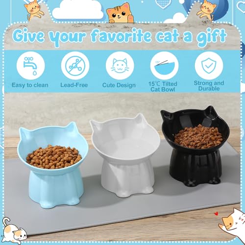 3 Pcs Elevated Cat Bowls 15°Raised Cat Food Bowl with Silicone Mat Whisker Friendly Anti Vomiting Cats Dishes Pet Food and Water Bowls for Indoor Cats Kittens, Blue, Black, White - color: Blue, Black, White