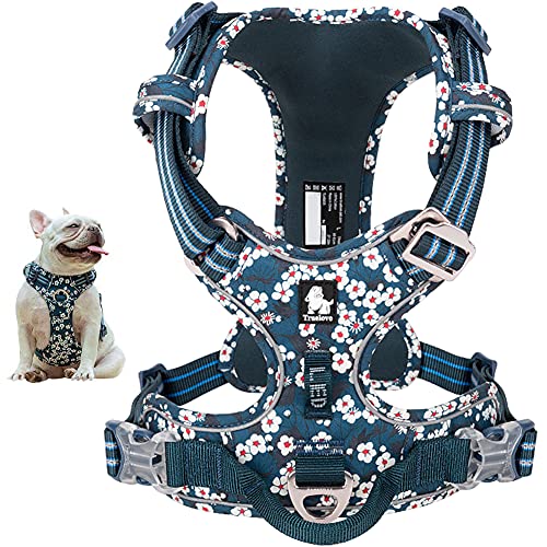 La La Pet® Floral No Pull Dog Harness Reflective Dog Vest Harness with Front & Back 2 Leash Clips and Easy Control Handle for Small Medium Large Dogs 3 Snap Buckles Easy to Put On & Take Off - color: Blue White Flowers, size: X-Large