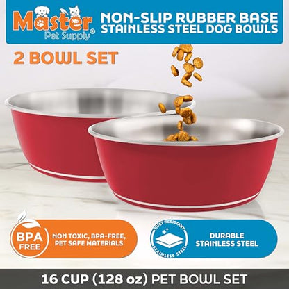 Master Pet Supply Stainless Steel Dog Bowls Set of 2 (128 Oz Each) with Non-Slip Rubber Base - Crimson Flame - Basic Dog Food Bowl Water & Food Bowls for Small Medium Large Dogs & Cats, Metal Dish - color: Crimson Flame, size: 16 Cups (128 oz) 2 Pack