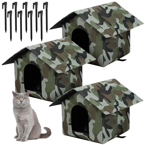 Soaoo 3 Pcs Cat Houses for Outdoor Stray Cats Shelter Weatherproof Outside House Indoor Foldable Pet Cave with Tent Stakes for Wild Animal Dogs(Camouflage Style) - style: Camouflage Style