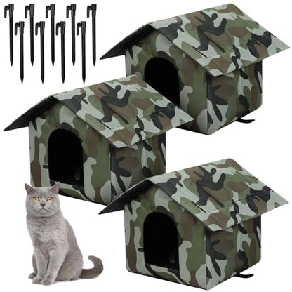 Soaoo 3 Pcs Cat Houses for Outdoor Stray Cats Shelter Weatherproof Outside House Indoor Foldable Pet Cave with Tent Stakes for Wild Animal Dogs(Camouflage Style) - style: Camouflage Style