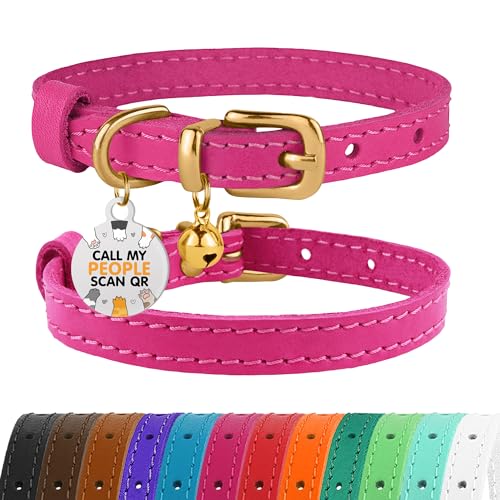 Leather Cat Collar with Removable Bells Non Breakaway Kitten QR Tag for Girl Boy (7" - 9" for Cats, Pink & Gold) - color: Pink & Gold, size: 7 - 9 inch