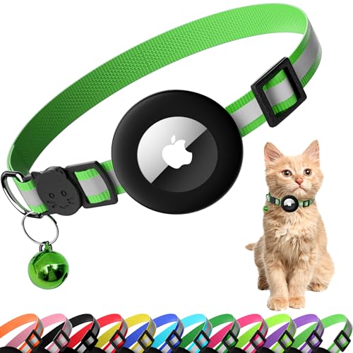 Seyezo Breakaway Airtag Cat Collar, Reflective Cat Collar with Air Tag Holder, Kitten Collar with Bell for Boys Girls Cats, GPS Tracker for Cats 0.4’’ Width Adjustable Safe Kitty Collar, Light Green