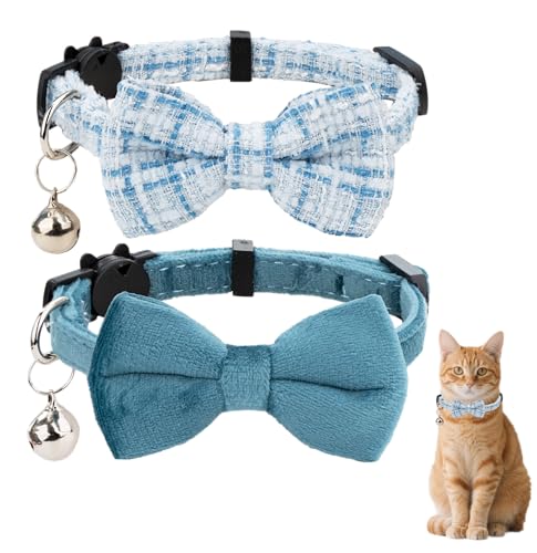 Cat Collar with Bow Tie 2pcs Set Bell Boy Girl Kitten Safety Plaid Grid Checkered Solid Color Suede Velvet Cute Soft Fluffy Gift B-[2pcs] Blue - color: Style B-[2pcs] Blue