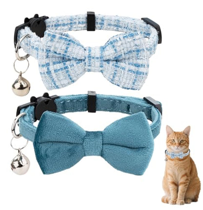 Cat Collar with Bow Tie 2pcs Set Bell Boy Girl Kitten Safety Plaid Grid Checkered Solid Color Suede Velvet Cute Soft Fluffy Gift B-[2pcs] Blue - color: Style B-[2pcs] Blue