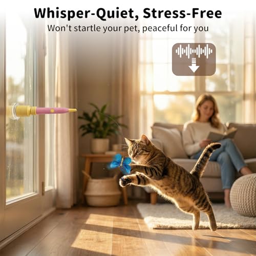 Interactive Cat Toys for Indoor Cats, Automatic Cat Wand Toy Enrichment for Bored Kitten, Spin Butterfly with Self-Holding Suction Base, Rechargeable Electric Moving Feather Stimulating Toy