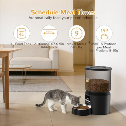 Automatic Cat Feeders, 4L Timed Cat Dry Food Dispenser Auto Pet Feeder for Cats and Small Dogs Dual Power Supply 9 Meals Programmable 1-15 Portion Per Day with Stainless Bowl Easy Clean - color: Black-1