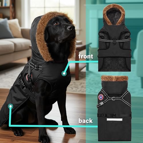 PAWNISAW Dog Winter Coat with Harness Built in, Warm Thick Plush Hooded Dog Snow Jacket for Cold Weather, Windproof Reflective Pet Clothes Outfit for Small, Medium, Large, XL & XXL Dogs Outdoor - color: Black
