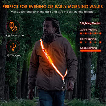 LED Belt Reflective Sash for Walking at Night, High Visibility Adjustable Night Running Safety Gear Rechargeable LED Light Up Running Belt Reflective Gear for Runners Walkers Men Women - color: orange